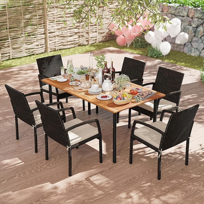 Tangkula 7 Pieces Outdoor Dining Set, Patio Acacia Wood Table and PE Rattan Chairs with Soft Cushions and 2” Umbrella Hole for Deck, Garden and Backyard