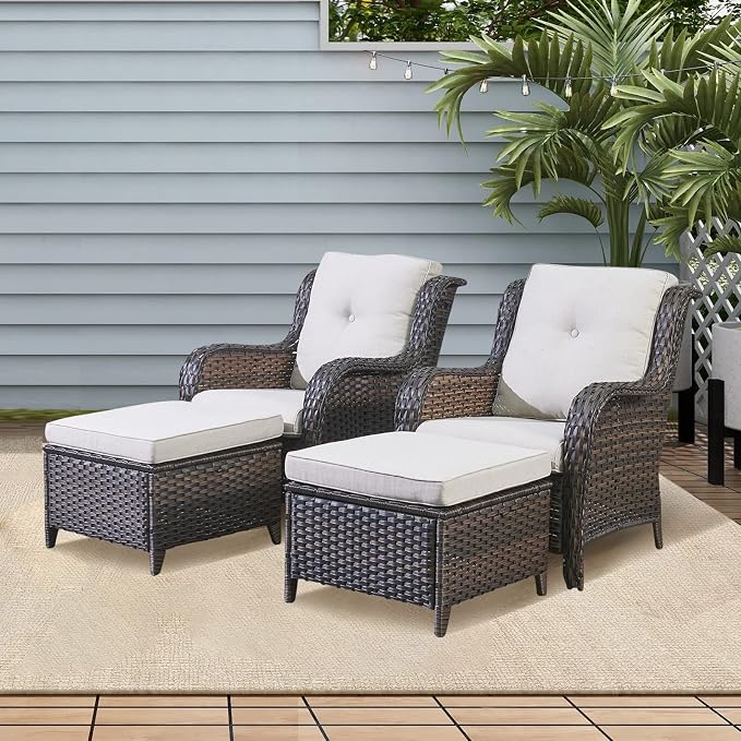 Rilyson Luxury 4 Pieces Patio Wicker Furniture Ottomans, Wicker Patio Chairs Set of 2 with Ottoman, Rattan Outdoor Porch Chair with Thick Cushion for Balcony Deck Yard and Porch (Brown/Beige)