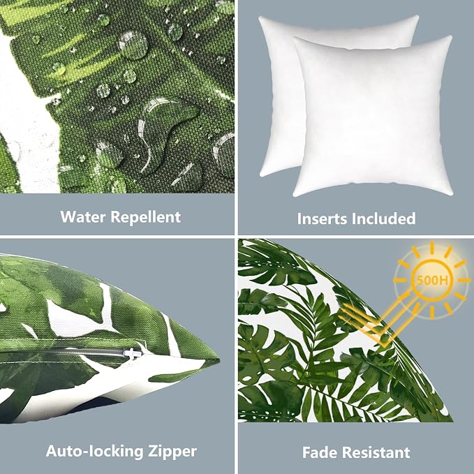 LVTXIII Outdoor/Indoor Throw Pillows, Decorative Throw Pillows with Inserts, 18”x18” Square Pillows for Bed, Couch, Sofa and Patio Furniture (Set of 2, Palm Green)