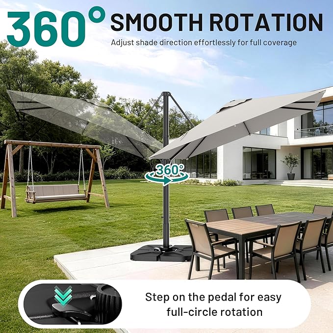 AreShark 10 × 10FT Square Cantilever Patio Umbrella with Base Included, 360° Rotation Offset Outdoor Umbrella, 5 Tilt Settings Heavy Duty Hanging Parasol for Deck Garden Pool, Light Grey
