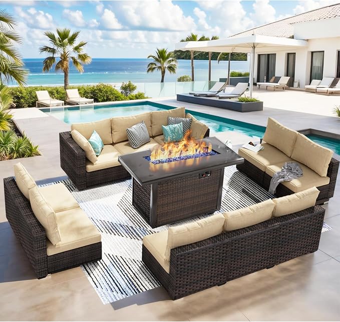 Patio Furniture Set 11 Pieces with 44" Fire Pit Table, Rattan Outdoor Sectional Conversation Sets, All Weather Outdoor Furniture Set with Cushions for Garden Lawn Balcony Porch Deck Beige