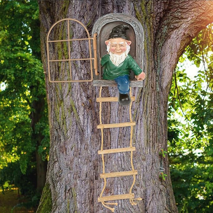 Garden Gnomes Decoration Outdoor Tree Faces Decor with Hanging Ladder for Yard, Elf Out The Door Tree Hugger Figurine Resin Garden Sculpture Ornament Whimsical Gnome Decor for Patio Yard Lawn