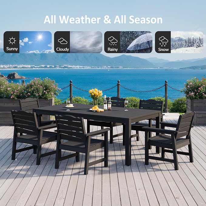 7-Piece Patio Dining Sets, Outdoor Dining Table w/Aluminum Frame and 6 Chairs, Weatherproof HIPS Dining Furniture Set with Umbrella Hole, for Backyard, Garden, Lawn, and Poolside, Black