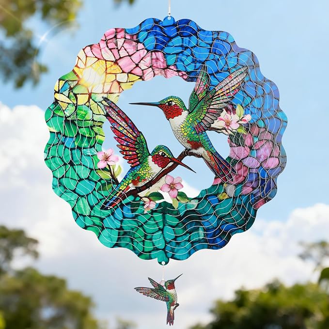 Hummingbird Wind Spinner, 12 Inch Stainless Steel Metal Wind Spinners, 3D Kinetic Hanging Sculpture, Indoor/Outdoor Garden Decor, Yard Art, Hummingbird Gifts for Women, Men, Mom, Dad, Grandma