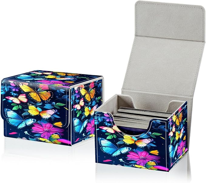 Card Deck Box for MTG, Cards Storage Box Fits 120+ Sleeved, Leather Small Size Strong Magnetic Closing Card Case for Board Games Magic TCG CCG Baseball Collection, Colorful Butterfly