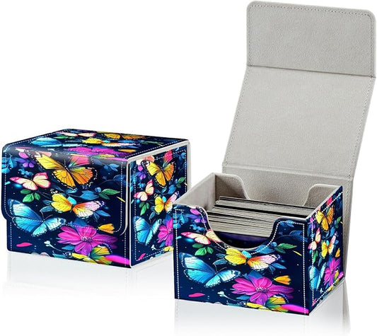 Card Deck Box for MTG, Cards Storage Box Fits 120+ Sleeved, Leather Small Size Strong Magnetic Closing Card Case for Board Games Magic TCG CCG Baseball Collection, Colorful Butterfly