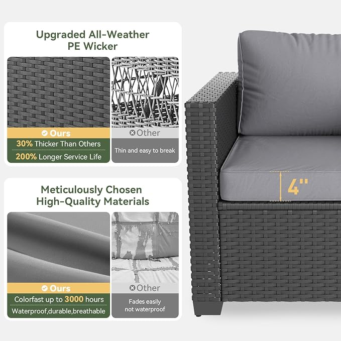 Aoxun 1 Piece 3-Seats Sofa Patio Furniture Set, Wicker Outdoor Furniture Conversation Set with 4" Thick Cushions for Deck Yard and Poolside Grey