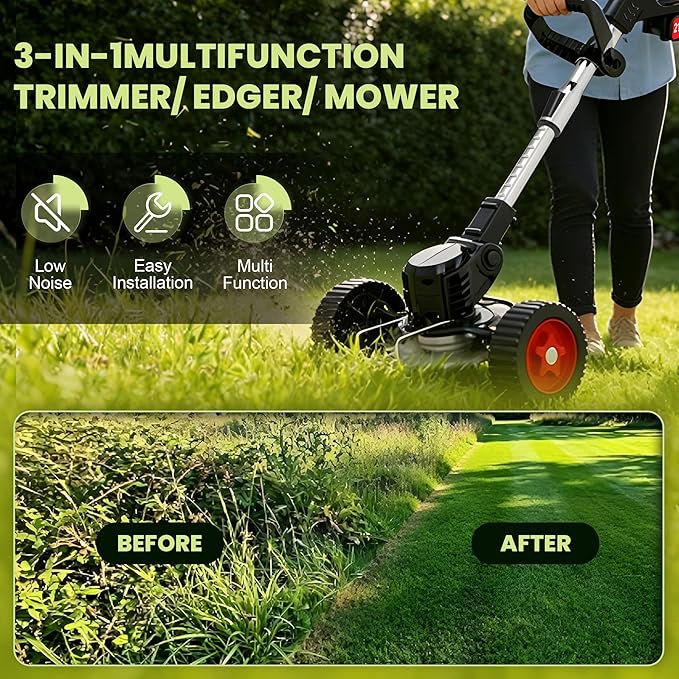 Electric Weed Wacker Cordless Eater, 21V String Trimmer Battery Powered, 3 in 1 Lightweight Grass Trimmer/Brush Cutter/Edge, 4 Types Blade, Weed Trimmer with Wheels for Lawn Yard Garden