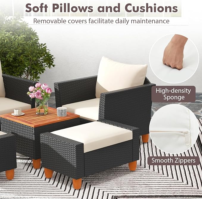 Tangkula 5 Pieces Patio Furniture Set, PE Rattan Chairs with Storage Table, Ottomans, Soft Pillows & Cushions, Acacia Wood Tabletop & Legs, Outdoor Conversation Set for Porch, Garden (White)