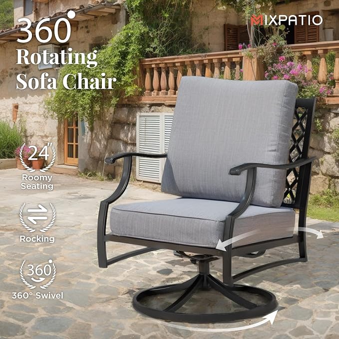 MIXPATIO Patio Furniture Set 7 pcs, Outdoor Patio Furniture, 3-Seat Sofa, 2 Single Chairs, 2 Swivel Chairs, 2 Ottomans and 5.75" Extra Thick Cushion, Patio Conversation Set for Backyard Deck,Grey