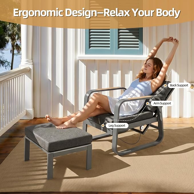 6 Pcs Aluminum Patio Furniture Set with Coffee Table Outdoor Conversation Sofa Set Include Adjustable 3-Seater Sofa, 2 Hydraulic Chair, 2 Ottoman for Balcony, Garden, Poolsid（Gray）