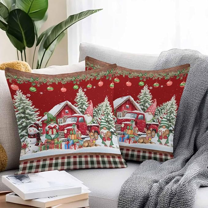 Red Christmas Throw Pillow Covers 20x20 Inch Set of 2, Truck Elk Xmas Tree Snowflake Ball Winter Gnomes Waterproof Outdoor Cushion Covers, Decorative Pillowcases for Couch, Sofa, Bed, Garden, Patio