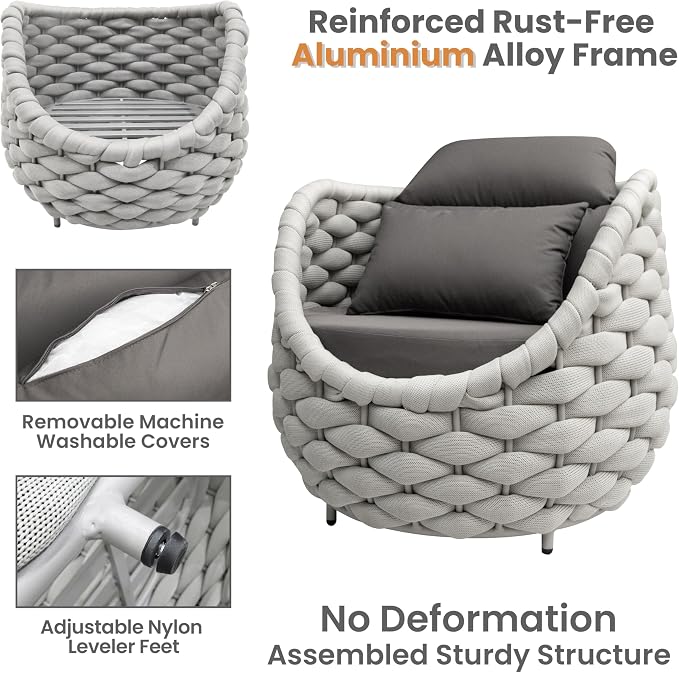 Aluminum Outdoor Seating Set: 5 Pieces Woven Rope Patio Conversation Set - Metal Sofa Set Cushioned Assembled - Modern Couch Porch Furniture for Deck Lanai Balcony Yard Poolside Hotel Resort