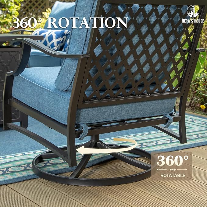 HERA'S HOUSE 4 Piece Patio Furniture Set, 2 x Swivel Cushioned Chair, 3-Seat Sofa with Marbling Coffee Table, All Weather Outdoor Conversation Set for Lawn Garden Backyard, Navy Blue