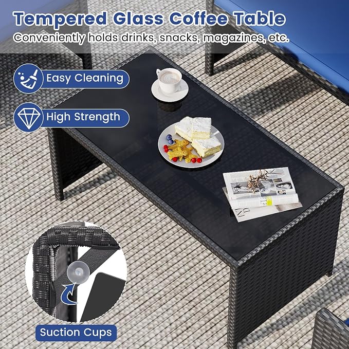 Tangkula 4 Pieces Patio Wicker Furniture Set, Outdoor Heavy Duty Rattan Cushioned Chairs, Loveseat and Tempered Glass Coffee Table, for Backyard, Balcony, Poolside