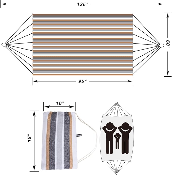 Double Hammock Brazilian Hammocks with Portable Carrying Bag,Soft Woven Fabric, Up to 450 Lbs Hanging for Patio,Trees,Garden,Backyard,Porch,Outdoor and Indoor XXX-Large Brown&Grey Stripe