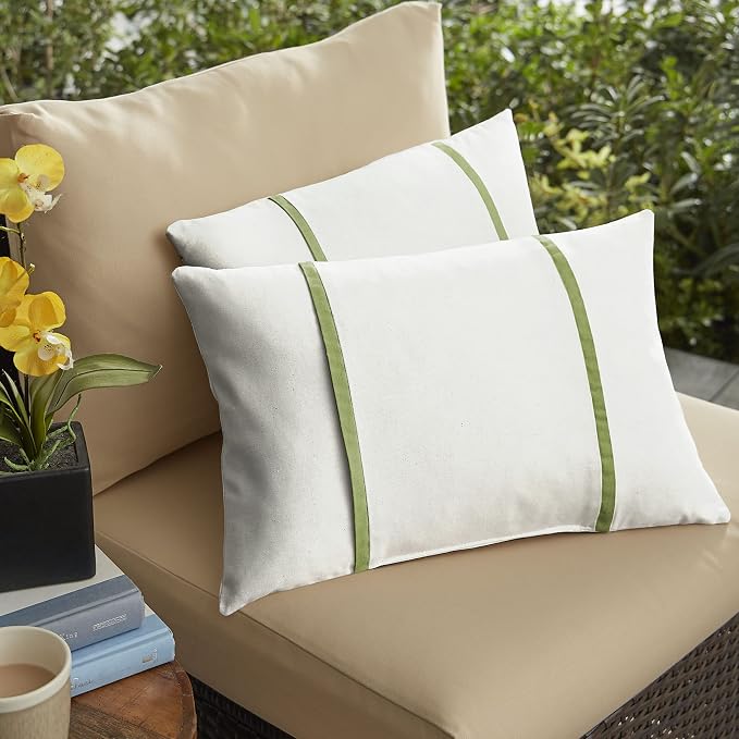 Sorra Home Indoor Outdoor Sunbrella Lumbar Pillows, Set of 2, 12 x 18, Canvas Natural Ivory & Cilantro Green