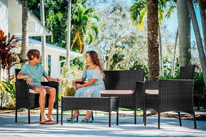 Nestl Wicker Patio Furniture - 4 Piece Outdoor Set with 2 Chairs, Loveseat, Glass Top Coffee Table, Perfect for Backyard, Pool or Front Porch (Black/Beige)