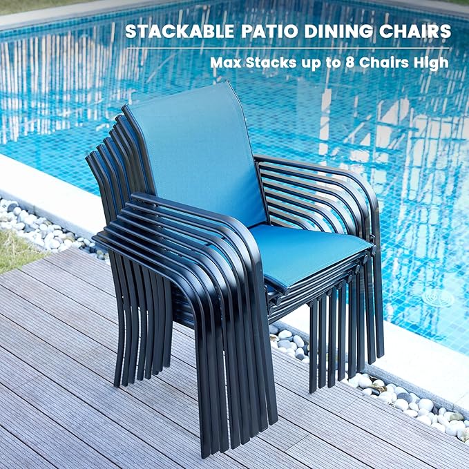 VICLLAX 11 Pieces Round Patio Dining Set, Patio Furniture Set of 10 Patio Stackable Dining Chairs and 63" Outdoor Spliced Tabletop with Umbrella Hole, Blue Chairs and Black Table