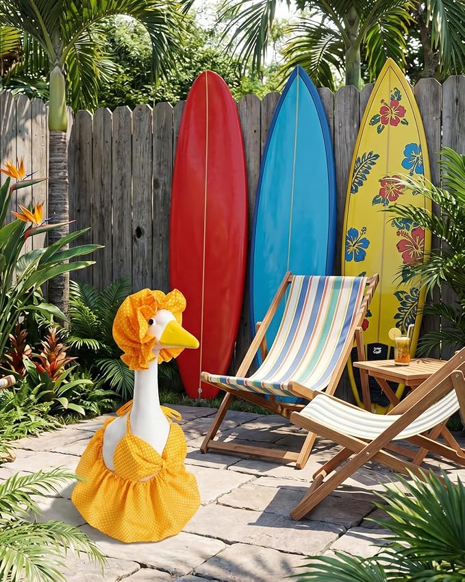 Summer Porch Goose Outfits Bikini with Sun Hat, 23" Yellow Polka Dot Hawaiian Swimsuit Lawn Cement Goose Clothes, Cute Porch Goose Swimsuit for Garden Decor, Best Gift for Mom Grandma
