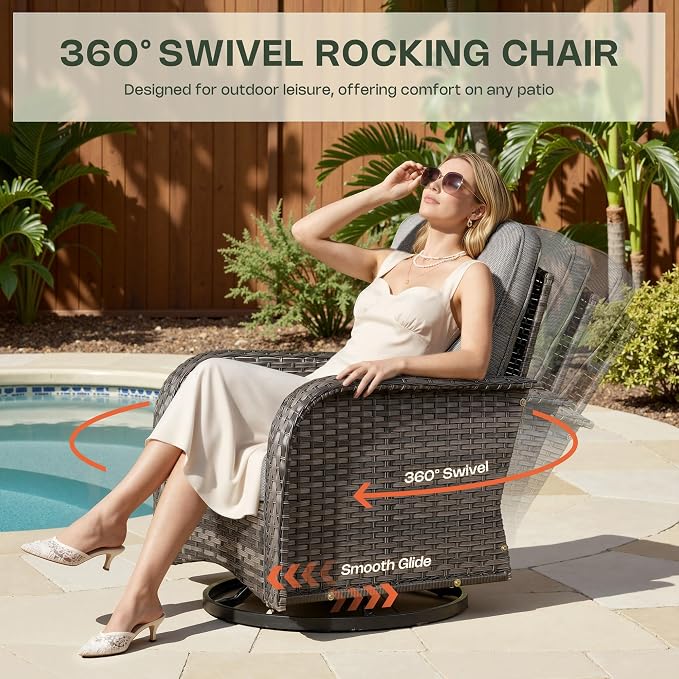 3-Piece Patio Furniture Set, Outdoor Wicker Furniture with Coffee Table, High Back Swivel Rocker Patio Chairs, Modern Rattan Outdoor Chairs Conversation Set for Porch, Balcony, Garden, Dark Gray