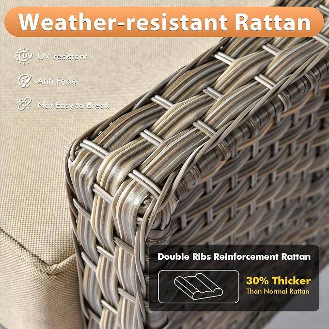 8 PCS Outdoor Patio Furniture Sets,Patio Conversation Sets Outside Rattan Soft Cushion Sofa with 2 Wicker Rocking Chairs Soft Cushion Fit Backyard Porch Garden Poolside Balcony,Beige