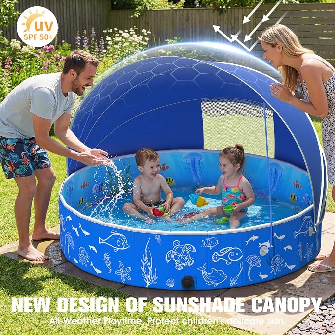 FizZeal Kiddie Pool with Canopy, 49in Foldable Toddler Pool,Pop Up Baby Pool with Shade,UPF 50+UV Portable Swimming Pool for Kids,Collapsible Baby Pool for Beach, Outdoor Toddler Pool for Backyard