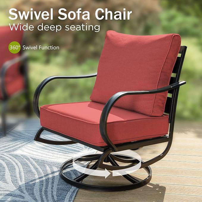 PHI VILLA 7 PCS Patio Furniture Set,Metal Outdoor Furniture with 1x 3 Seater Cushioned Deep Seating Bench Sofa, 2 Swivel Chair, 2 x Leg Chairs & 2 Ottoman for 7 Person, Red