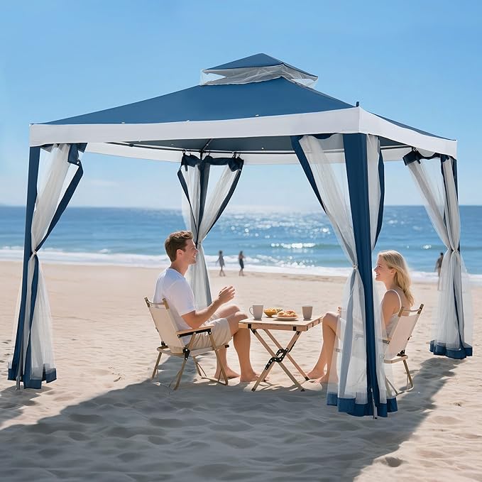 Sunjoy 10 x 10 ft. Soft Top Gazebo, Outdoor Patio Backyard Modern 2-Tier Steel Frame Gazebo with Mesh Netting - Navy Blue & White