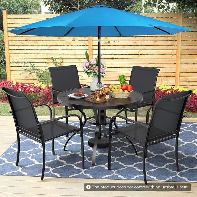 Incbruce 6 PCS Patio Dining Set with Sky Blue Umbrella, Outdoor Dining Set of 4 Textilene Chairs and 41" Round Table with Umbrella Hole for Backyard, Garden, and Poolside (Black)