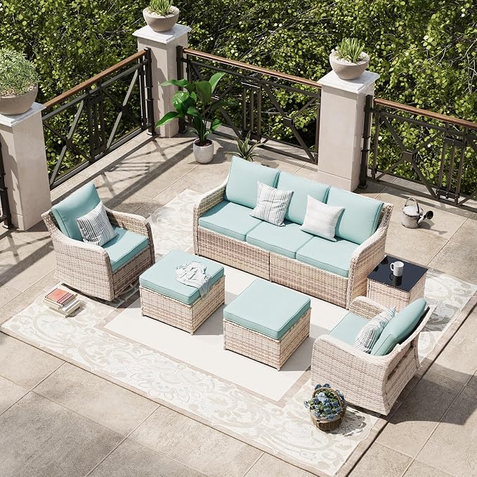 MEISSALIVVE Patio Furniture Set with Swivel Rocking Chairs, 6 Pieces Patio Conversation Set, Outdoor Wicker Sofa Couch with Waterproof Cushions for Lawn Backyard Porch (Blue)