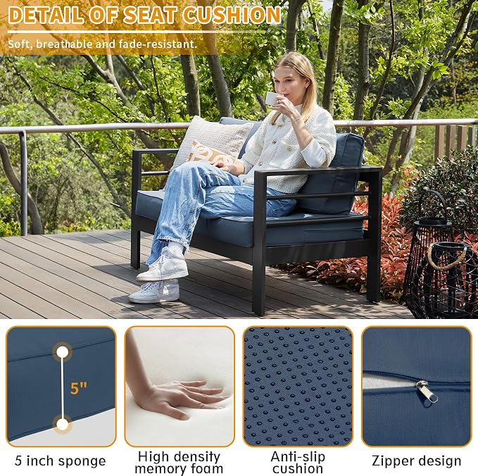Aluminum Patio Set, 3-Seat Outdoor Furniture Set with 5 Inch Cushions, Patio Furniture Sets with Waterproof Covers for Backyard Garden(Grey&Blue)