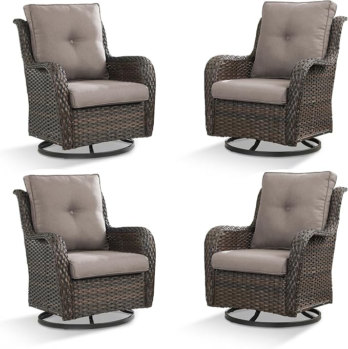 Rilyson Wicker Rocking Chair Swivel Chairs - 4 Piece Rocker Patio Chairs Set Rattan Rocking Chair for Outdoor Porch Deck Garden Backyard(Brown/Grey)