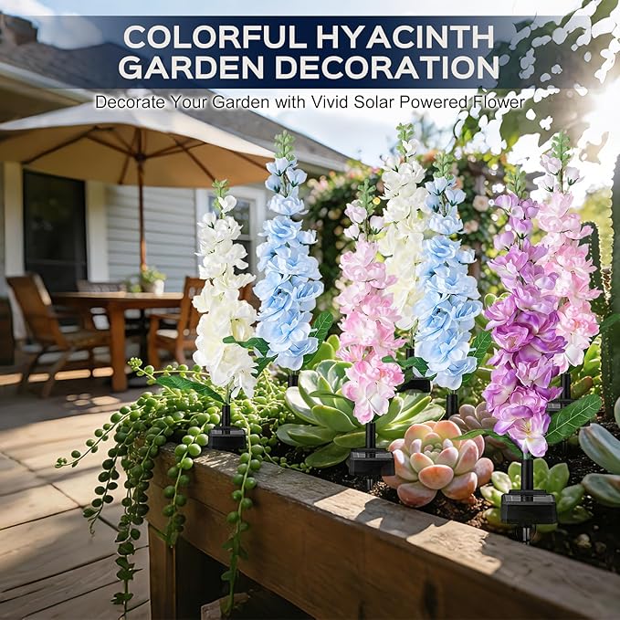 TANSOREN 4 Pack Solar Garden Lights Outdoor, LED Colorful Waterproof Solar Powered Hyacinth Flowers Landscape Lights for Patio, Outside Yard, Pathway Decorative, Décor, Gifts, Two Lighting Modes