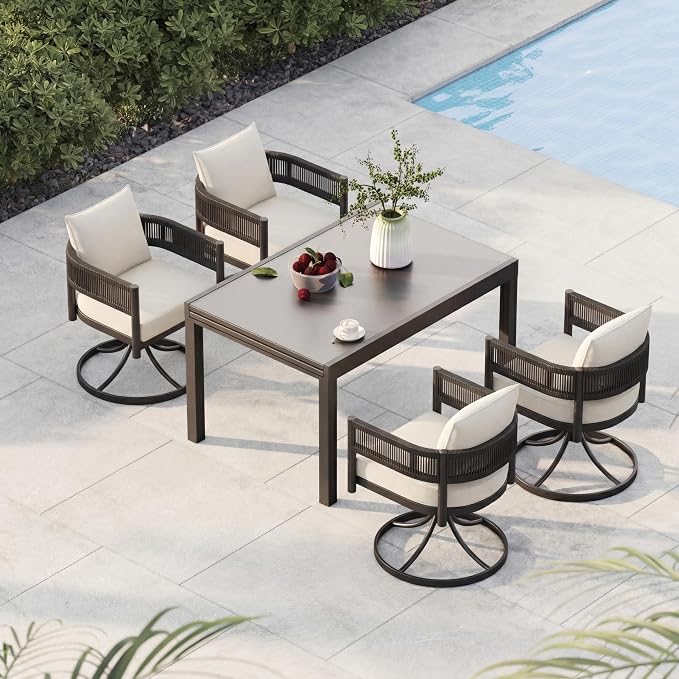 Grand patio 7-Piece Expandable Table Dining Set for 6 to 10, Aluminum Outdoor Dining Table with Glass Tabletop, Metal Woven Wicker Swivel Patio Chairs with Cushions for Yard, Poolside, Deck (Black)