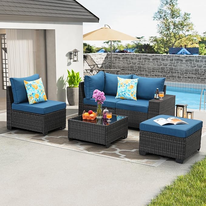 JOYURE 5 Pieces Patio Furniture Set All-Weather Outdoor Wicker Sectional Conversation Sofa Rattan Patio Seating Sofa with Cushion and Glass Table and Ottoman for Porch Poolside,Peacock Blue