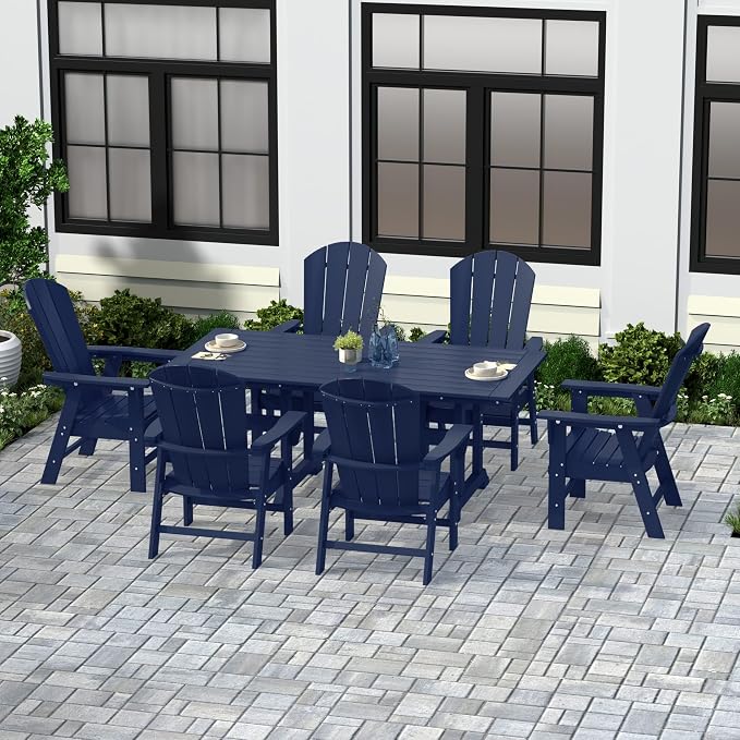WestinTrends Malibu 7 Piece Adirondack Outdoor Dining Set, All Weather Poly Lumber Patio Table and Chairs Furniture Set, 71" Trestle Dining Table and 6 Adirondack Dining Chair, Navy Blue