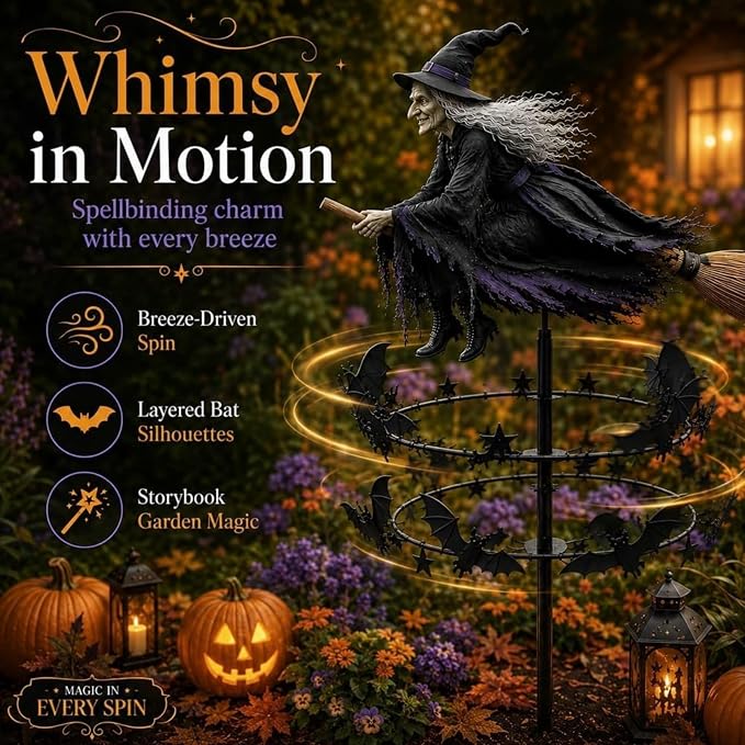 The Enchanted Witch Garden Wind Spinner, Metal Halloween Yard Art Outdoor Decor, Outdoor Garden Stake Decoration, Halloween Lawn Ornament, for Garden Patio Pathway Fall Decorations (1PCS)