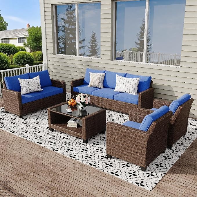 Garvee Outdoor Patio Furniture Set 5 Pieces, PE Rattan Wicker sectional Patio Conversation Set with Waterproof Cusions and Coffee Table, Brown and Blue