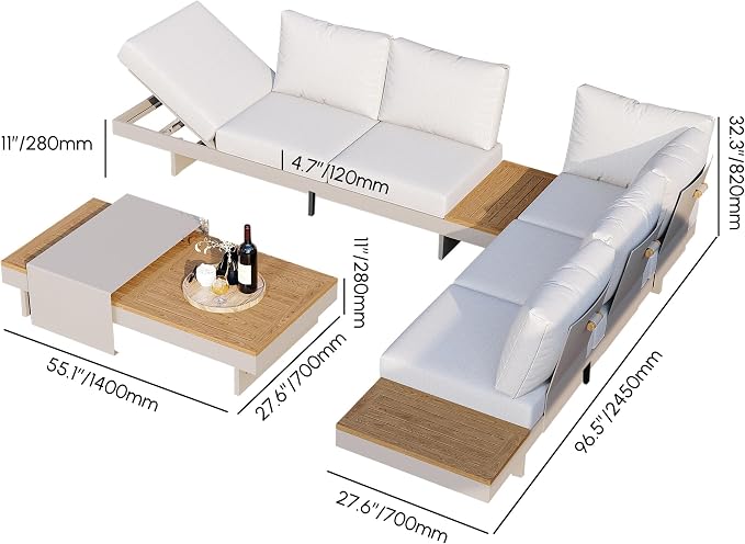 homary Outdoor Conversation Sets Ideal for Patios, Light Gray | 4 Piece Aluminum & Teak Patio Sectional Sofa Set with Adjustable Backrests, Waterproof Cushions
