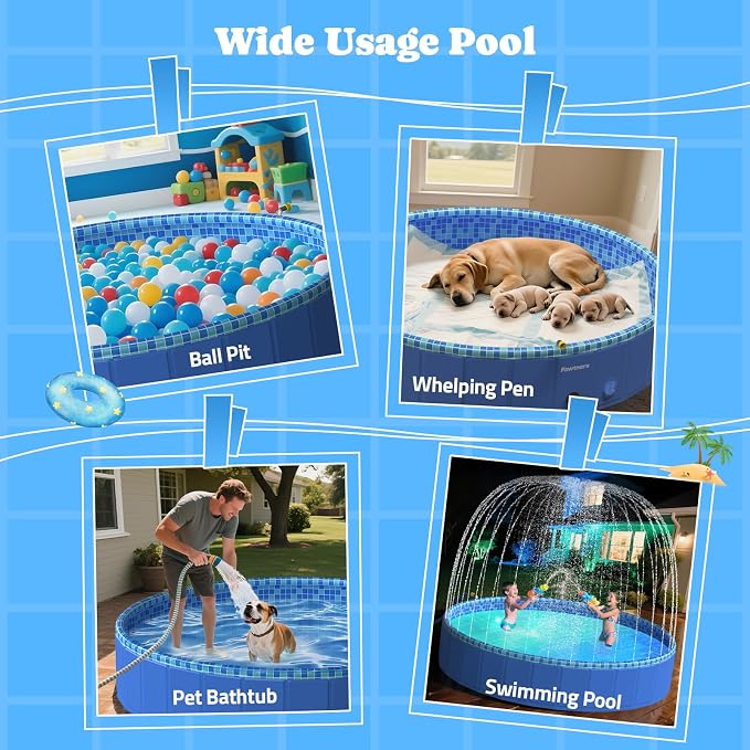 Foldable Dog Pool with Sprinkler RGB LED Light, 94" Collapsible Hard Plastic Kiddie Swimming Splash Pool for Small Medium Large Doggie Kitty Puppy, Pet Bathing Tub Wading Pool for Dogs Blue