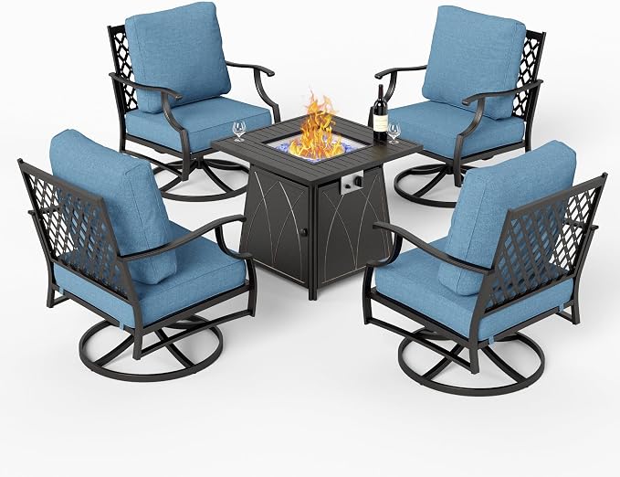 SUNSHINE VALLEY 5 Piece Metal Outdoor Patio Furniture Set with Fire Pit Table, Patio Conversation Sets 4 Swivel Chairs with 5.75" Thick Cushion and 5000 BTU Fire Pit Table, Backyard Furniture, Navy
