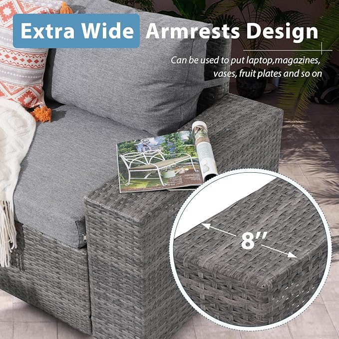 JOIVI 6 Pieces Outdoor Patio Furniture Set, Rattan Patio Sectional Sofa Conversation Set with Coffee Table, PE Wicker L-Shaped Sofa Set with Cushions for Garden, Backyard, Deck, Gray