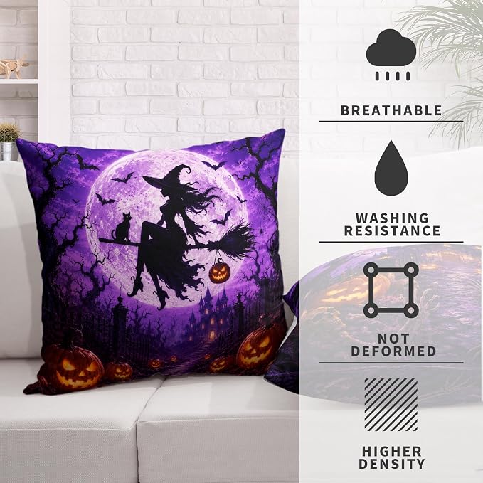 Purple Halloween Pillow Covers 16x16 Set of 2 Full Moon Night Castle Witch Throw Pillow Covers Bat Jack-O-Lantern Decorative Pillowcase for Couch Sofa Indoor Outdoor