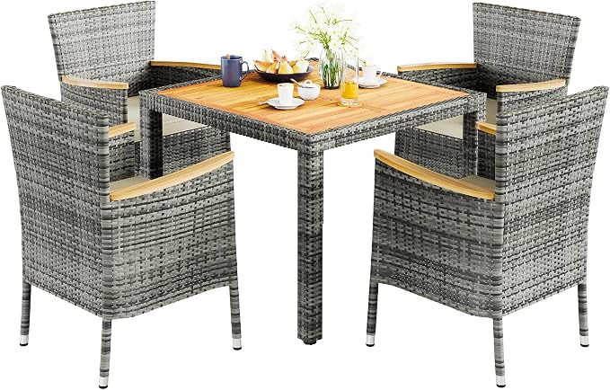 Vongrasig 5 Piece Small Patio Dining Set, Space-Saving Outdoor Wicker Furniture Conversation Set with Wood Table and Cushioned Rattan Chairs for Lawn, Garden, and Backyard (Gray)