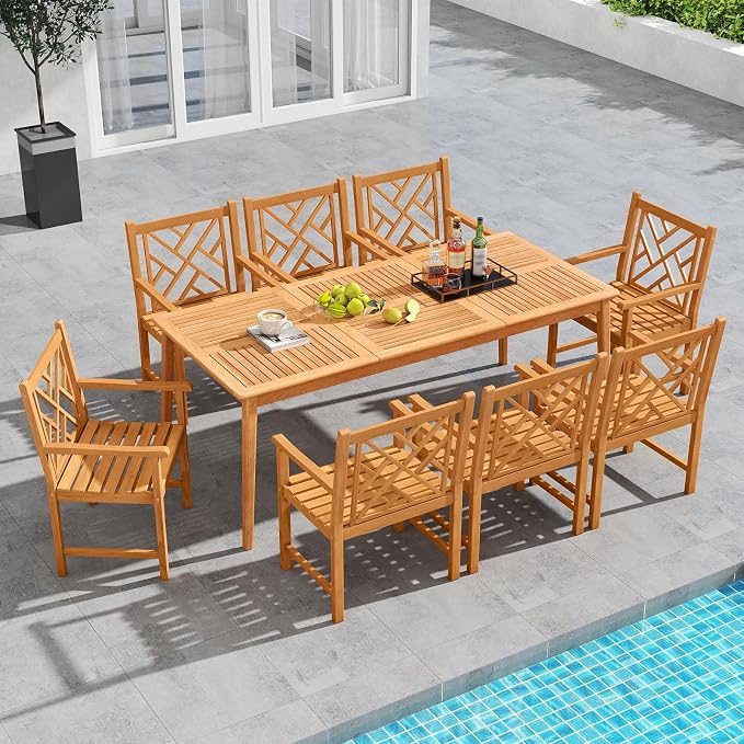 Tangkula 9 Pieces Patio Dining Table Set, Wood Rectangular Dining Table with 1.96” Umbrella Hole and 8 Chairs, Outdoor Dinner Furniture for Garden, Deck, Backyard