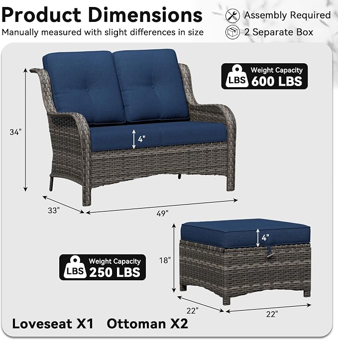 3-Piece Outdoor Couch Set, 1 Wicker Patio Loveseat with Thickened Olefin Cushions, High Back and Deep Seating, Hand-Woven PE Rattan and 2 Ottomans, Patio Conversation Set for Porch, Deck
