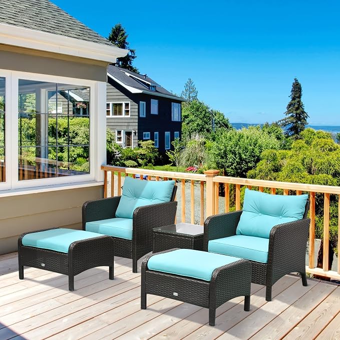 Outsunny 5 Pieces Rattan Wicker Lounge Chair Outdoor Patio Conversation Set with 2 Cushioned Chairs, 2 Ottomans and Tempered Glass Top Coffee Table, Brown/Blue