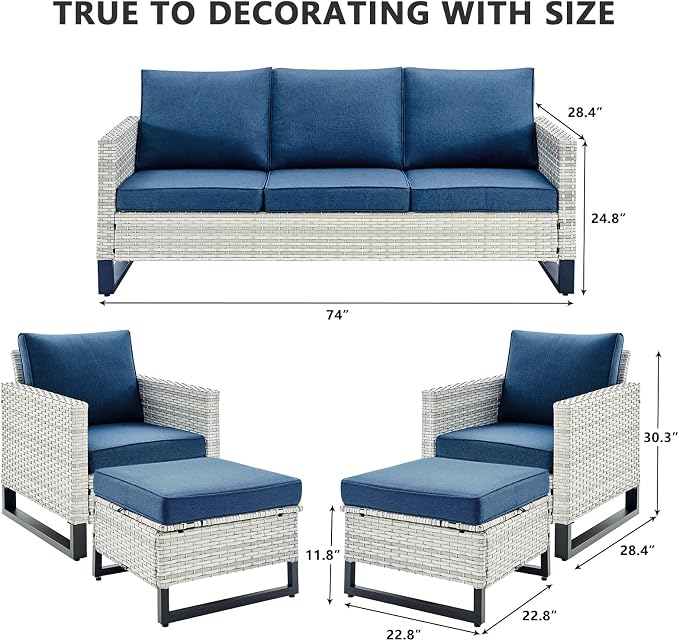 HUMMUH 5 Piece Patio Furniture All Weather Wicker Outdoor Sectional Sofa,High Back Patio Chairs,Coffee Table and Ottomans Set for Porch,Garden,Backyard