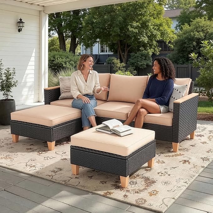 Soohow Outdoor Furniture Set, 5 Piece Patio Conversation Set with Cushions, PE Outdoor Wicker Conversation Set Sectional Patio Sofa, All-Weather Rattan Sofa for Backyard, Garden, and Poolside